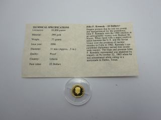 John F Kennedy (worlds Smallest Gold Coin).  73 Grams Gold photo