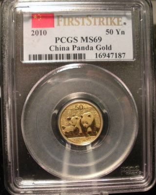 2010 China Gold Panda Pcgs Ms 69 First Strike 50yn 1/10 Oz.  999 Fine Gold Coin photo