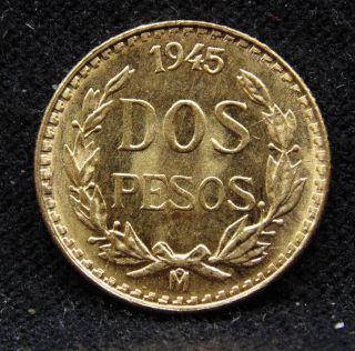 1945 2 Dos Pesos Mexico Gold Coin Bu Unc.  900 Fine Gold.  0482 Agw (1) photo
