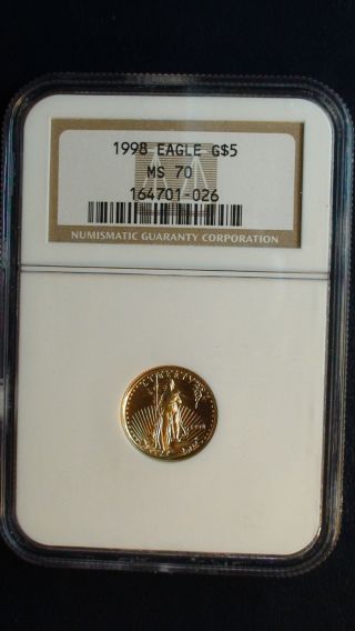 1998 $5 Gold Eagle Ngc Ms70 Tenth Ounce 1/10 Oz Fine Gold Coin photo