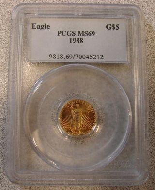 1988 $5 Gold American Eagle 1/10 Ozt Pcgs Ms69 photo