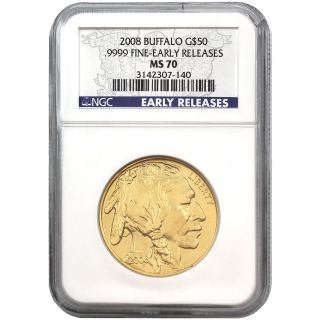 2008 Gold Buffalo G$50.  9999 Fine - Early Release Ms70 Early Release Label 3955 - 07 photo