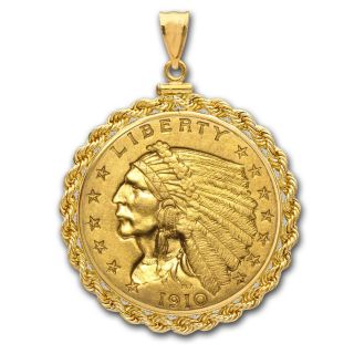 $2.  50 Indian Gold Quarter Eagle Pendant - Rope - Screw Top Bezel - Sku 63502 photo