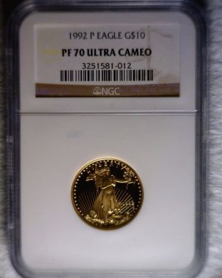 1992 - P Proof $10 1/4 Oz Gold Eagle Graded Ngc Pf70 Ultra Cameo photo