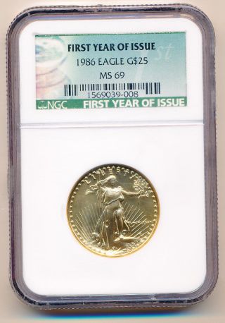 1986 $25 American Gold Eagle Ngc Ms 69 First Year Of Issue Label photo