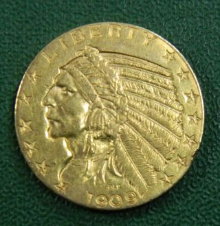 1909 - D Indian Head Five Dollar Half Eagle $5 Solid Gold Coin - 102709 photo
