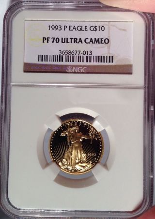 1993 - P $10 Ngc Pf 70 Ultra Cameo 1/4 Oz Gold American Eagle (pr 70 Ucam) photo