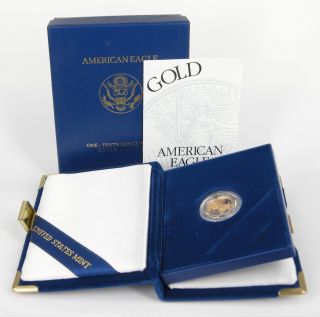 American Eagle 1/10 Oz Gold Bullion 5 - Dollar Proof Coin W/ Case & Box,  Us photo