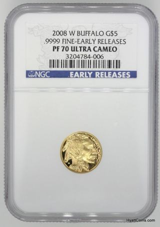 2008 - W $5 Proof Gold Buffalo 1/10oz.  9999 Ngc Pf70 Ultra Cameo Early Release photo