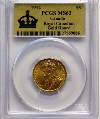 1914 $5 Gold Canada Hoard Coin Great Investment Rare Pcgs Ms 63 photo