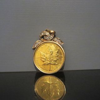 1989 $5 Dollars Stunning Canadian Gold Maple Leaf Necklace Pendant With Diamonds photo