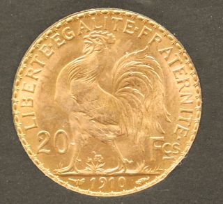 1910 French Gold 20 Franc Rooster Brilliant Uncirculated - A Great Collector Coin photo