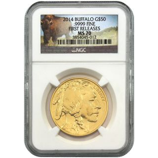 2014 Buffalo G$50.  9999 Fine First Releases Ms 70 Buffalo Lable 4157 - 07 photo
