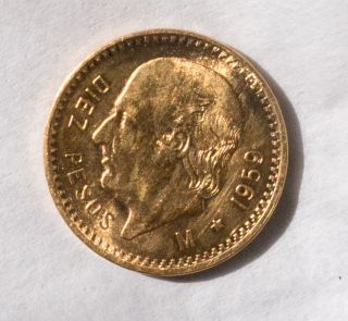 1959 Mexican Diez 10 Pesos Gold Coin photo