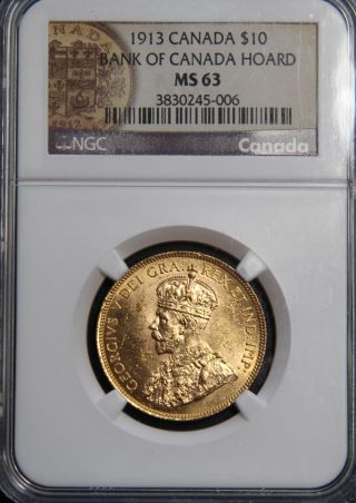 1913 $10 Gold Canada Hoard Coin Great Investment Rare Ngc Ms 63 photo
