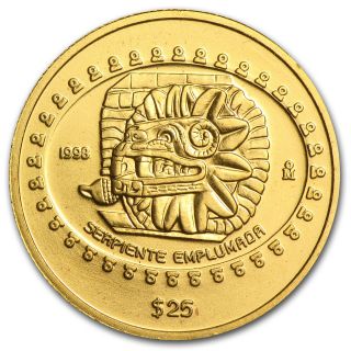 1998 Mexico 25 Pesos Gold Serpiente Emplumada - Brilliant Uncirculated photo