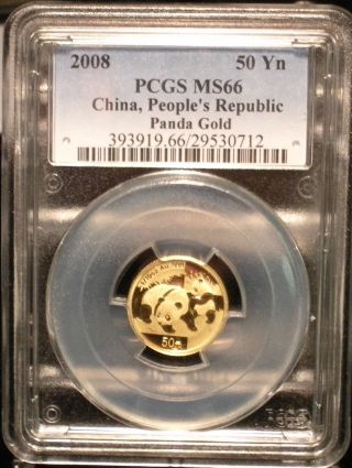2008 China Gold Panda Pcgs Ms 66 50yn 1/10 Oz.  999 Fine Gold Coin photo