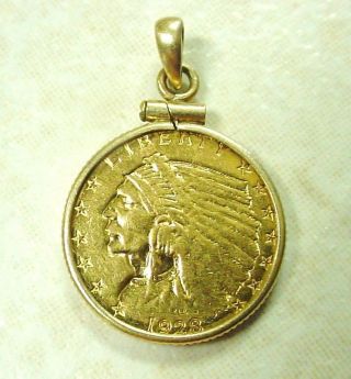 1928 Indian Head 2 - 1/2 Dollar Gold Coin With 14k Gold Bezel Pendant 5.  3 Grams photo