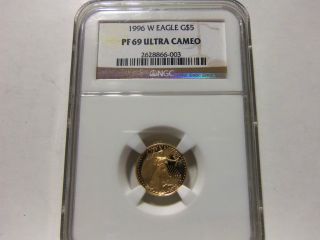 1996 W American Eagle Proof $5 Gold 1/10 Oz Ngc Pf 69 Ultra Cameo photo
