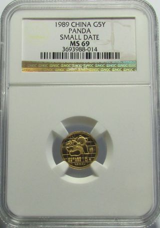 1989 Gold China Panda 1/20 Oz.  5 Yuan Bullion Coin Ngc Ms69 Ms69 Small Date photo