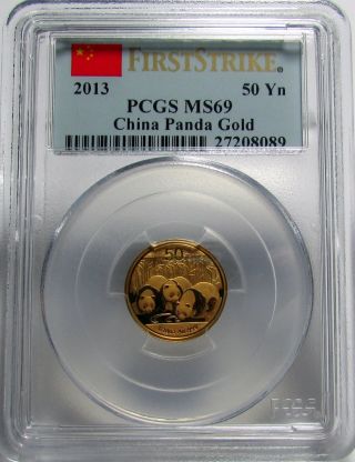 2013 First Strike Pcgs Ms69 Gold China Panda 1/10 Oz.  50 Yuan Bullion Coin photo