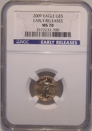 2009 Ngc Ms70 1/10oz Gold $5.  00 Eagle,  Early Release Uncirculated Gold Coin. photo