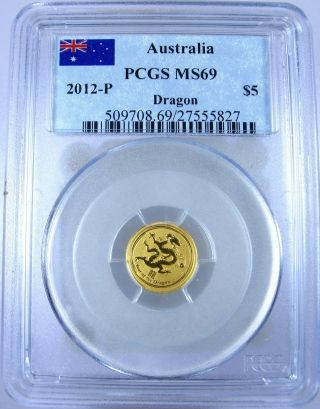 2012 - P Year Of The Dragon $5 Gold Ms69 Pcgs Certified 1/20 Oz 9999 photo