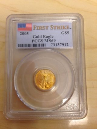 2005 Pcgs Ms69 $5 Gold American Eagle First Strike 1/10 Ounce photo