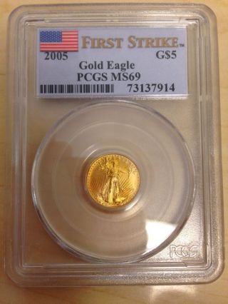2005 Pcgs Ms69 First Strike $5 Gold American Eagle 1/10 Ounce photo