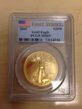 2005 Pcgs Ms69 First Strike $50 Gold American Eagle 1 Ounce photo