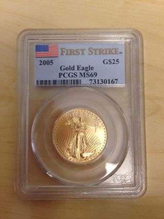 2005 Pcgs Ms69 First Strike $25 Gold American Eagle 1/2 Ounce photo