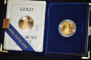 1988 1/4 Oz $10 American Eagle Gold Bullion Proof Coin And Papers. photo