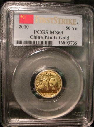 2010 China Gold Panda Pcgs Ms 69 First Strike 50yn 1/10 Oz.  999 Fine Gold Coin photo