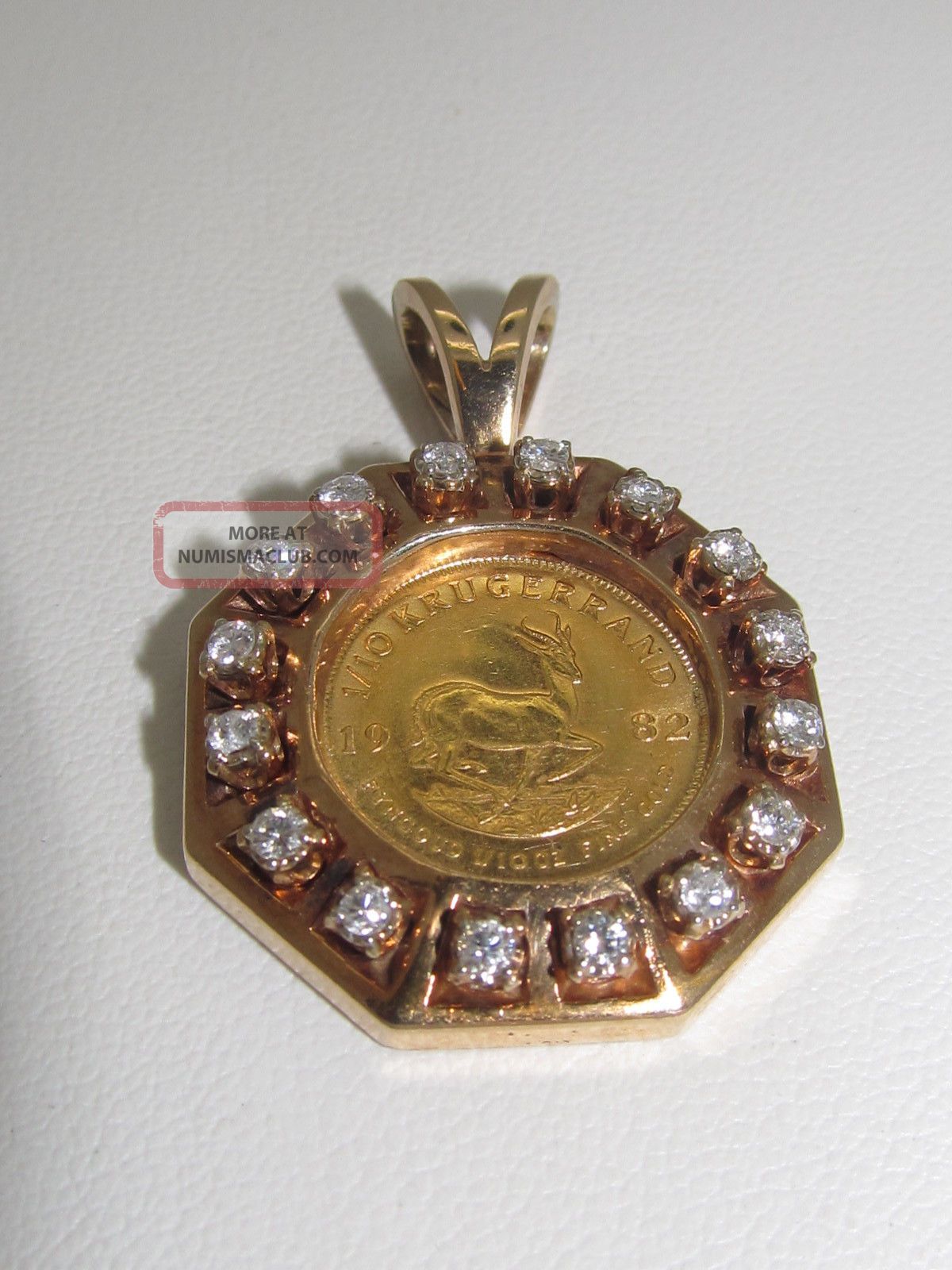 1982 1/10 Ounce Krugerrand Mounted In 14k Pendant With 16 Diamonds