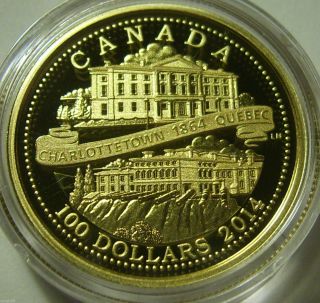 2014 Canada $100 150th Anniversary Quebec & Charlottetown Conferences Gold Coin photo