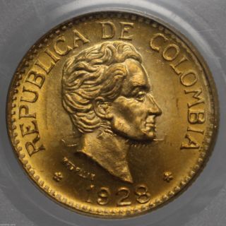 1928 Colombia Gold 5 Peso Simon Bolivar Medellin Km 204 Pcgs Ms 64 0925589b photo