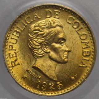 1925 Colombia Gold 5 Peso Simon Bolivar Medellin Km 204 Pcgs Ms 64 0925583b photo
