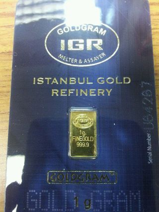 1 Gram 9999 24k Gold Premium Igr / Iar Bullion Bar photo