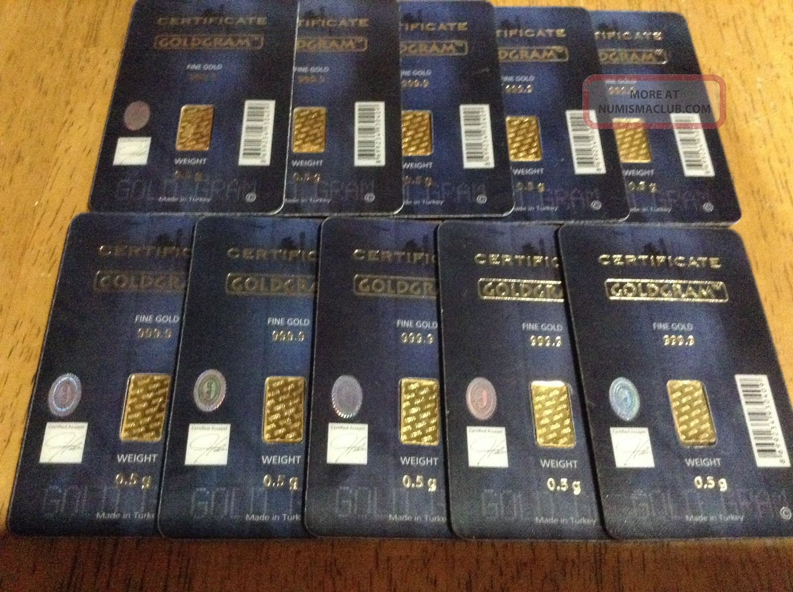 10 X 1/2 Gram Istanbul Gold Refinery. 5 G 9999 Fine Gold Bar Blue Assay ...