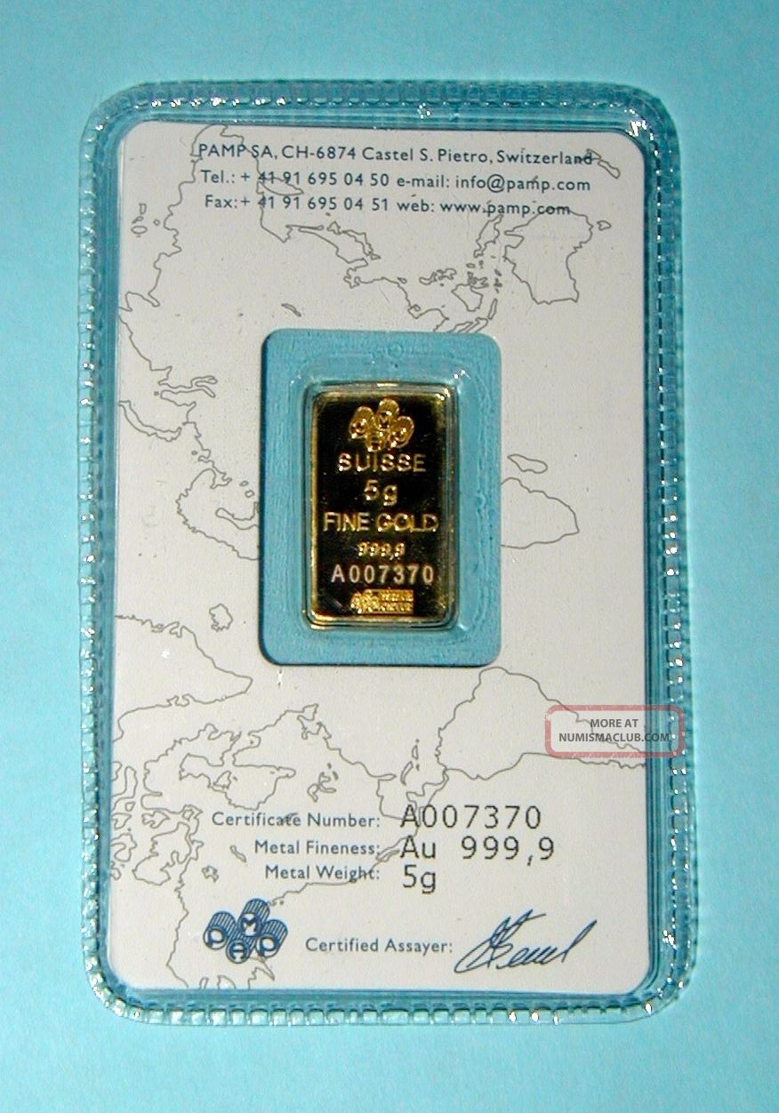 5 Gram Solid Gold Bar. 999 Fine Gold Pamp Suisse Assay Card