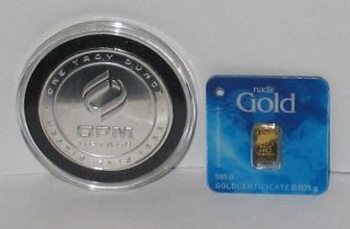 1 Oz.  999 Silver Ohio Precious Metals Opm Round & 0.  025 Gram Nadir Gold Bar photo
