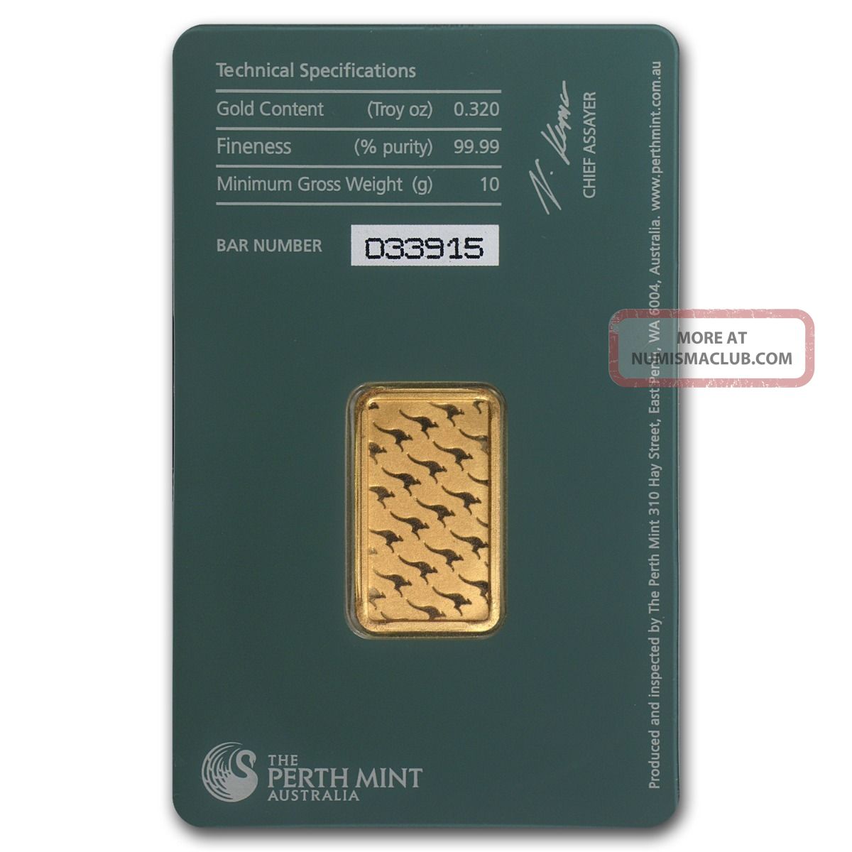 10 Gram Perth Gold Bar. 9999 Fine (in Assay)