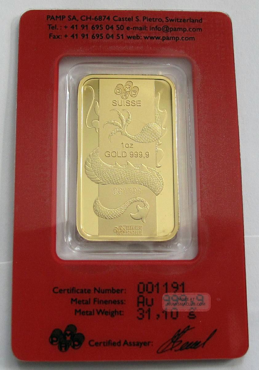 2012 Swiss 1 Oz. Gold Bar 9999 Lunar Year Calendar Series Dragon