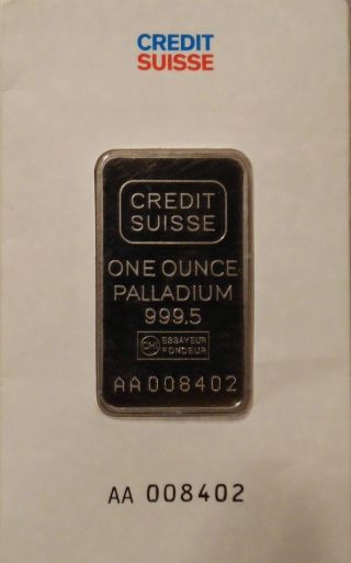 1 Oz.  Palladium Bar - Credit Suisse - 999.  5 Fine In Assay photo