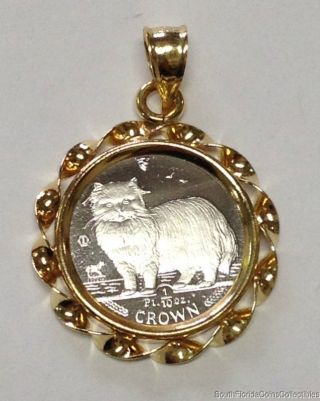 1989 Isle Of Mann 1/10 Ounce Platinum Crown Cat In 14k Gold Rope Bezel Proof photo