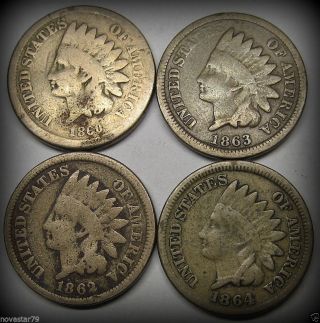 1860,  1862,  1863,  1864 Cn Indian Head Cents/pennies (scarce Early Dates) N/r photo