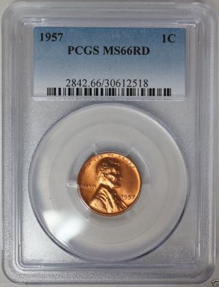 1957 Lincoln Wheat Cent Pcgs Ms66 Rd A Very Lustrous,  Pq Coin.  Hand Selected photo