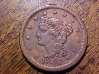 1853 Braided Hair Large Cent Vf,  Detail.  99c photo