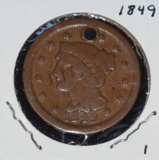 1849 1c Braided Hairhead Cent Hole 2 photo