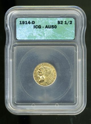 1914 - D Indian Head Quarter Eagle $2.  5 Gold Icg Au50 photo